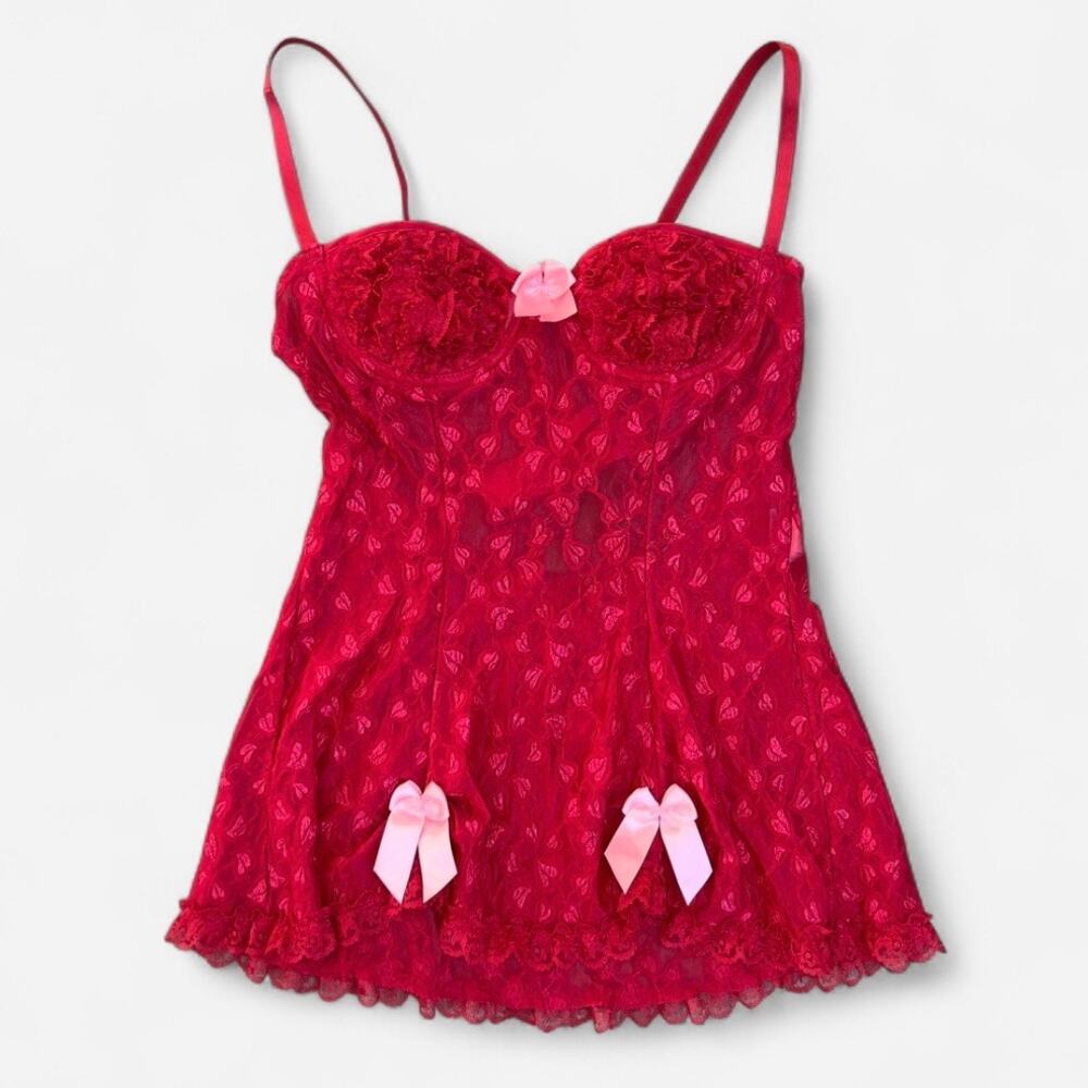 Shirley of Hollywood Vintage Red Ruffle Lace Babydoll with Pink Bow Detail